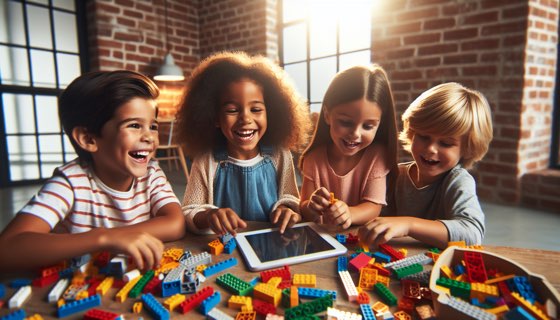 Students building with LEGO® bricks in a modern classroom, demonstrating hands-on STEM learning that meets global standards